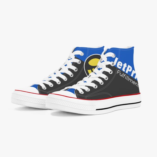 A pair of blue and black high-top canvas shoes with a white sole