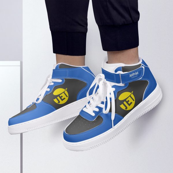 A model wears a pair of blue and black high-top men's fashion sneakers