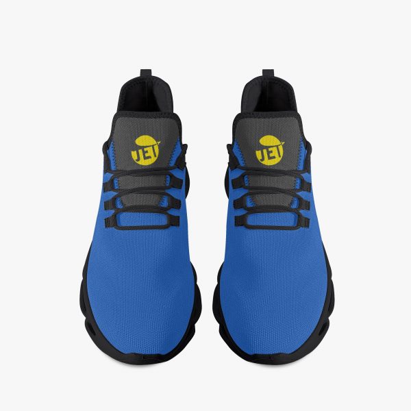 A pair of black-soled blade running shoes in black and blue