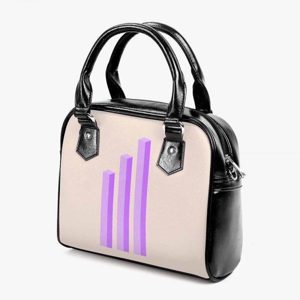 A white saddle bag with a purple vertical chart printed on it