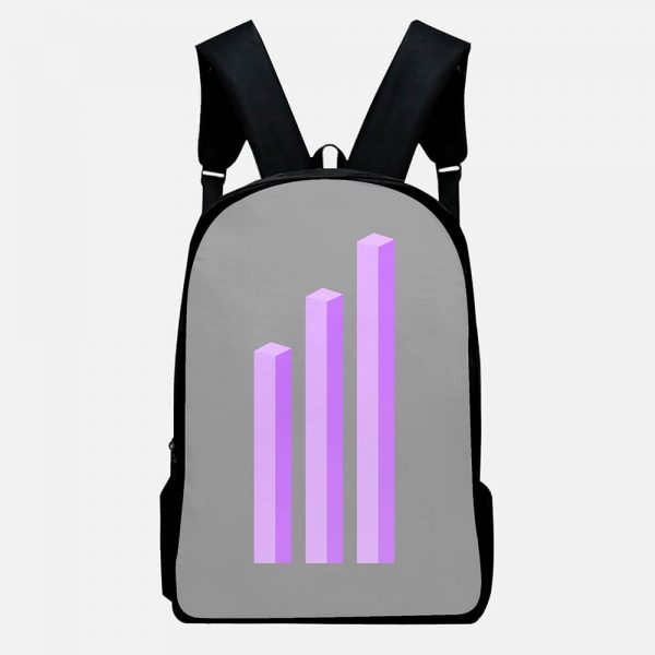 A grey oxford bag with a purple bar chart printed on it