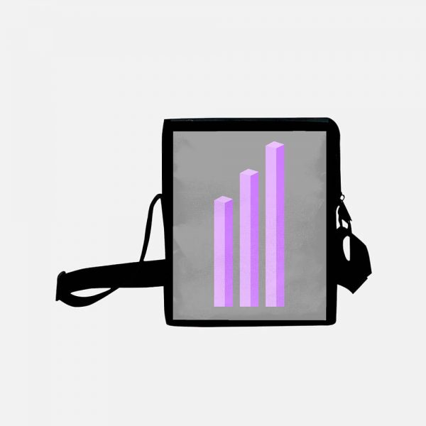 Grey messenger bag with purple bars printed on it