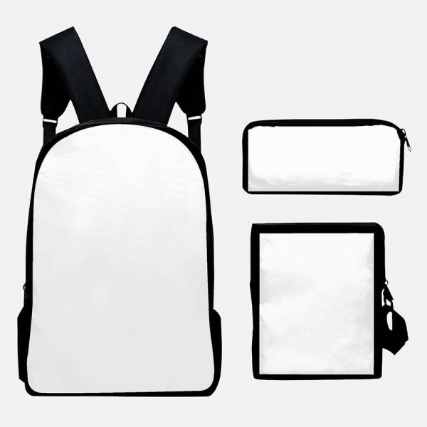 white backpack, white pencil bag, white messenger bag