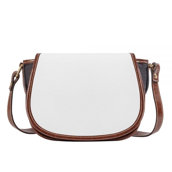 A white crossbody saddle bag is facing us