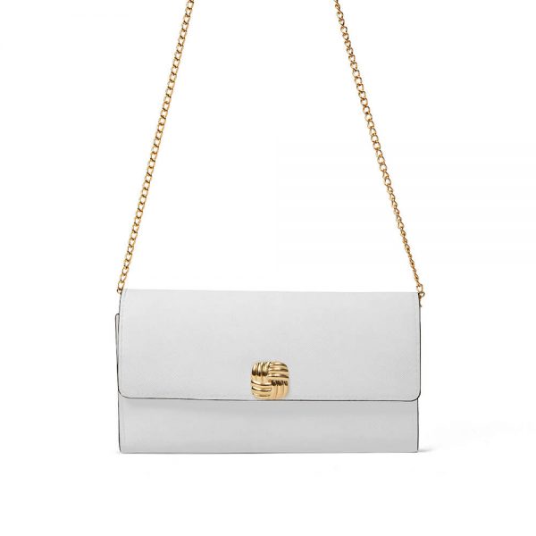 The white messenger bag's metal chain is suspended in mid-air.