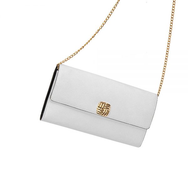 A white messenger bag sways in the air