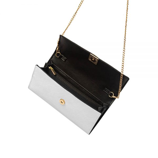 A white opened messenger bag dangles in the air