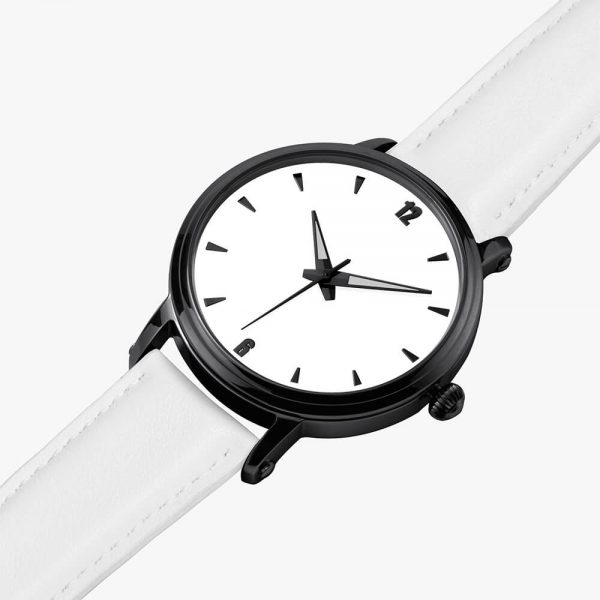 A mechanical watch with a white dial and a white strap.