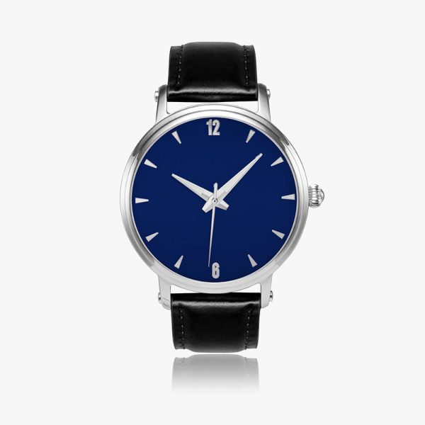 A mechanical watch with a dark blue dial and a black strap.