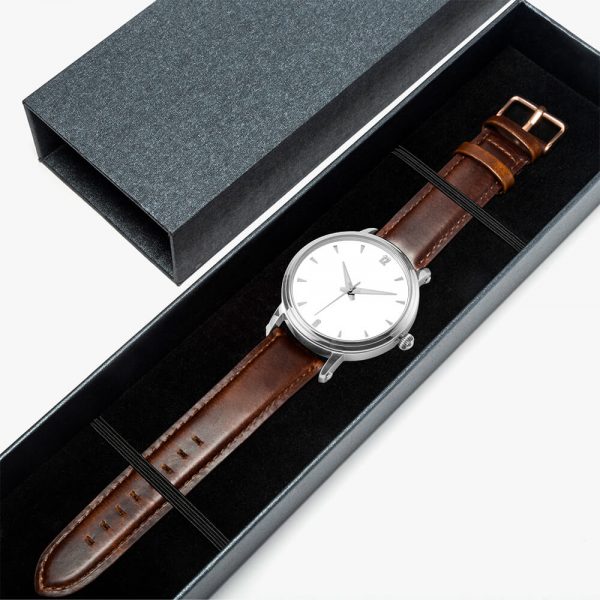 A mechanical watch with a white dial and a brown strap was included in a gift box.