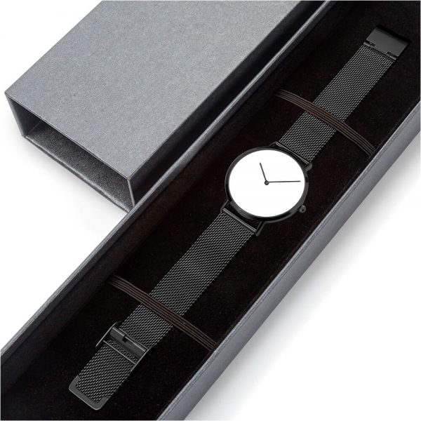 A watch with black stainless steel strap and white dial comes in a gift box