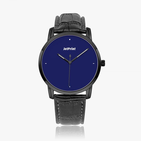 A quartz watch with a black case and a dark blue dial