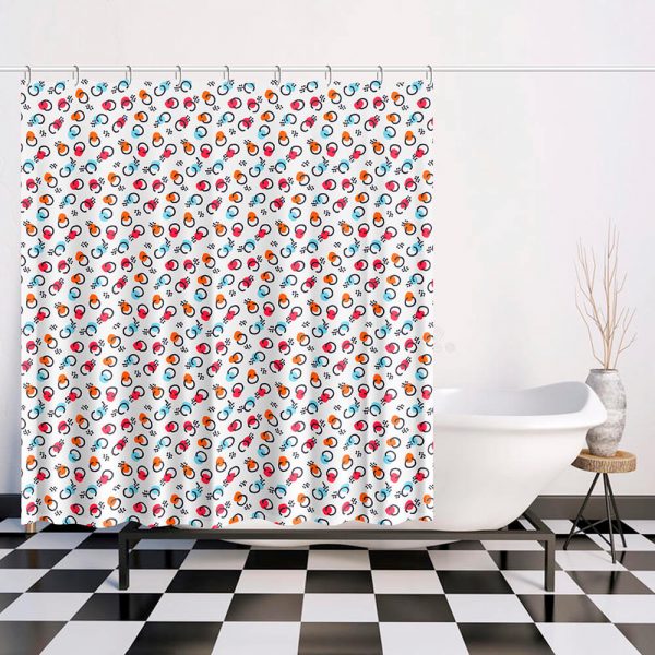 a colorful shower curtain hangs in the bathroom