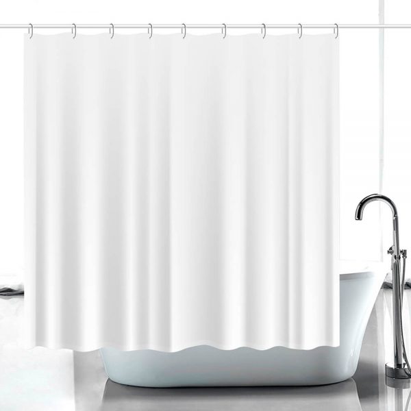 A pure white shower curtain is hung in the bathroom