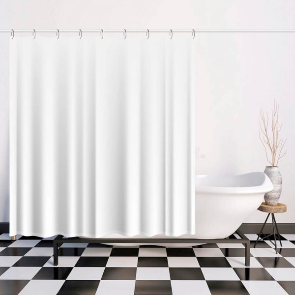 A pure white shower curtain is hung in the bathroom