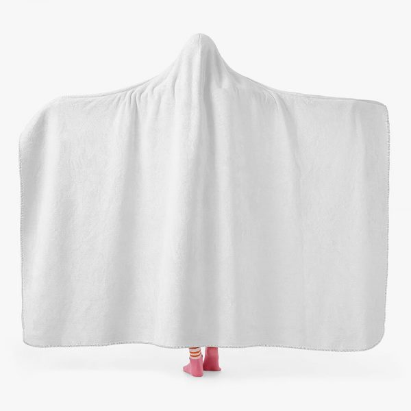 A female model is wearing a plain white hooded blanket