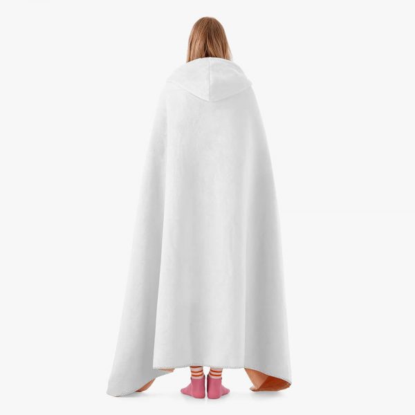 A female model is wearing a plain white hooded blanket