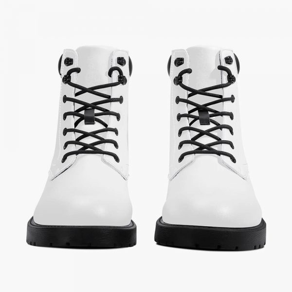 Front view of a pair of white waterproof leather boots