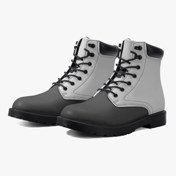 Side view of a pair of gray waterproof leather boots