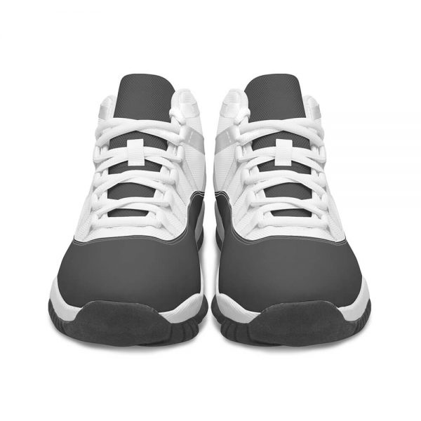 Front view of a pair of grey male basketball shoes