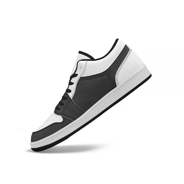 Side view of a gray men's low-top shoe inclined at 45°