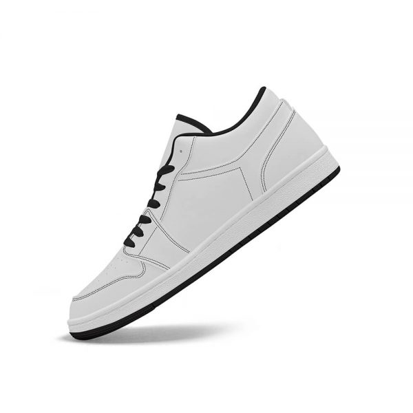 Side view of a white men's low-top shoe inclined at 45°