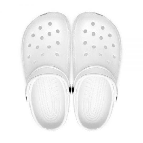 Top view of a pair of white clog shoe