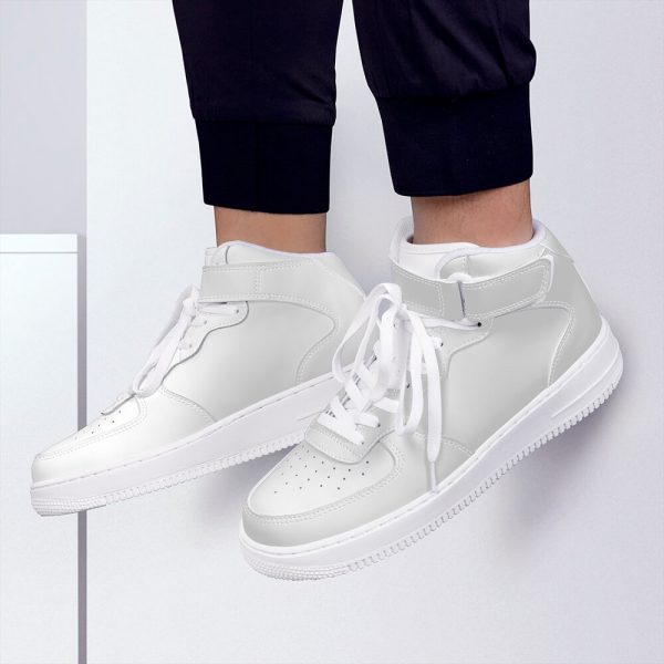 A model wears a pair of grey high-top men's fashion sneakers