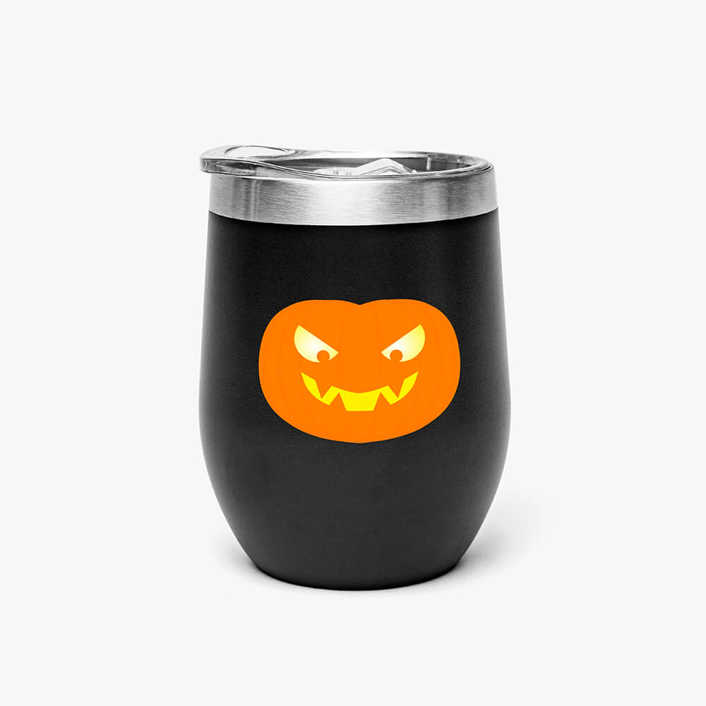 An egg-shaped black thermos mug with a halloween pumpkin printed on it