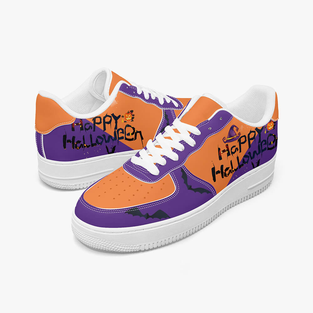 A pair of orange and purple low-top Halloween shoes