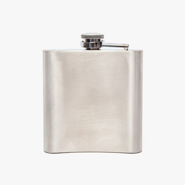 The front of a stainless steel flask