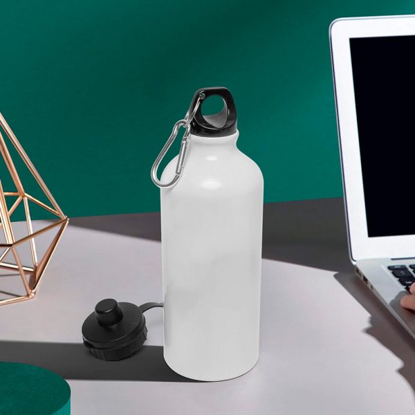 White stainless steel sports water bottle is placed on the table