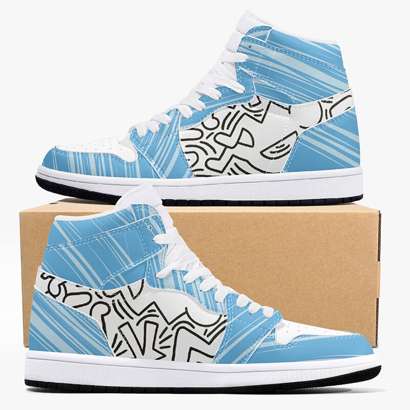 A pair of blue graffiti high-top shoes