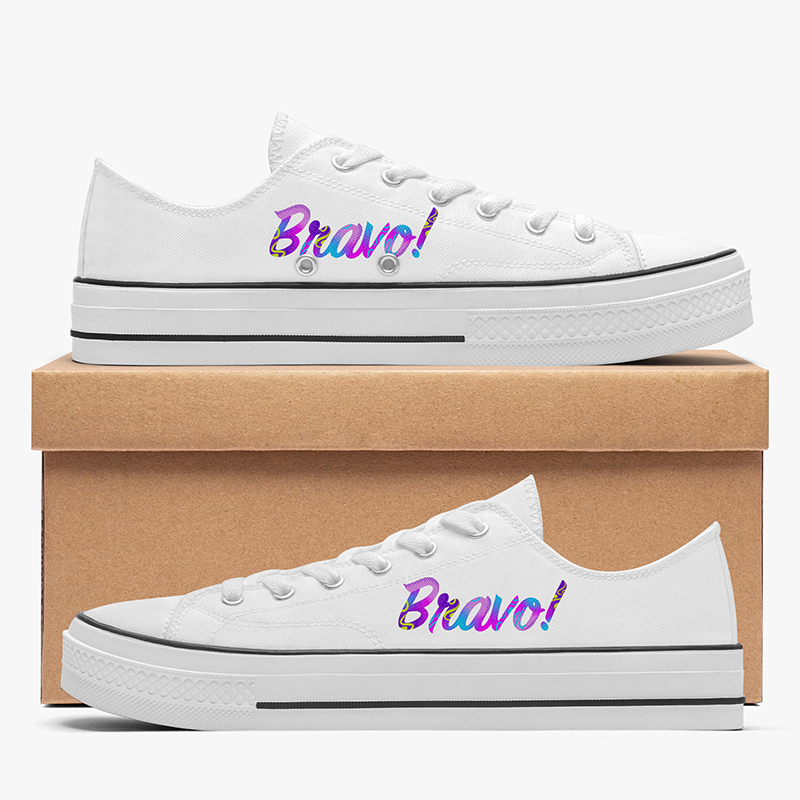 A pair of canvas shoes with word art