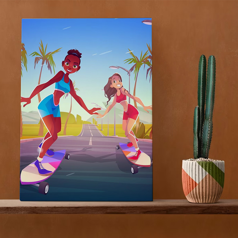 A cartoon canvas print of two people skateboarding