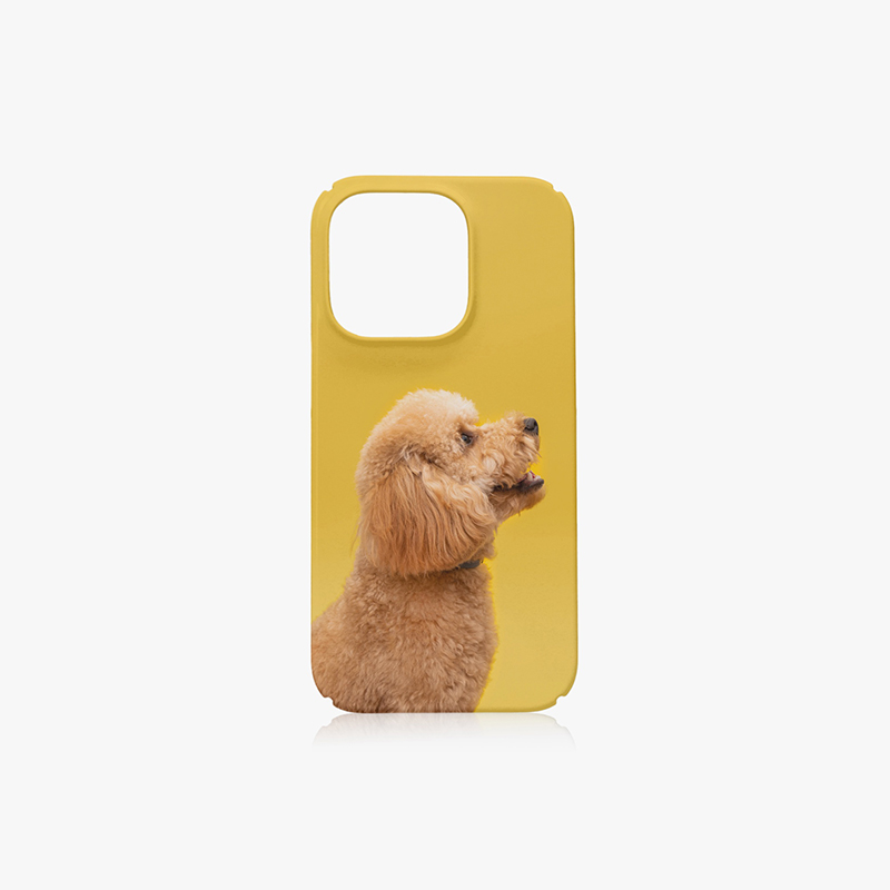 A yellow mobile phone case with a pet dog printed on it