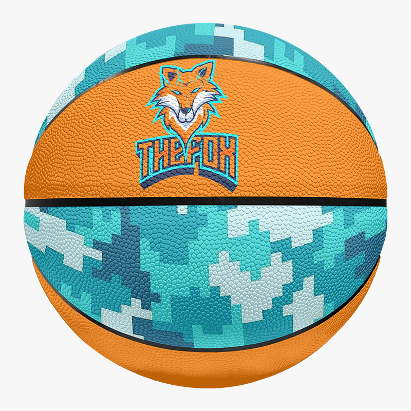 A basketball with a custom basketball logo