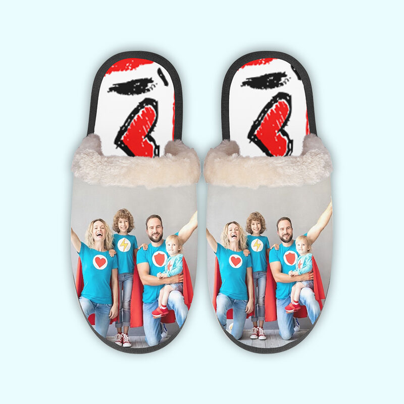 A pair of slippers printed with happy family