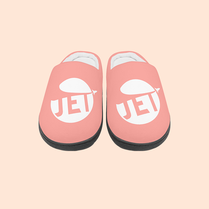 A pair of branded slippers with the JetPrint logo