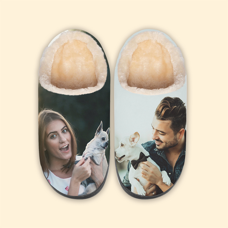 A pair of slippers with a photo of a couple printed on them