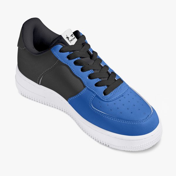 Front view of a blue and black low-top sneaker