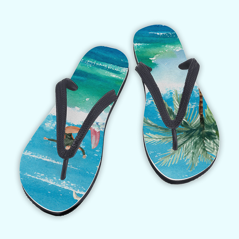 A pair of flip-flops printed with a beach scene