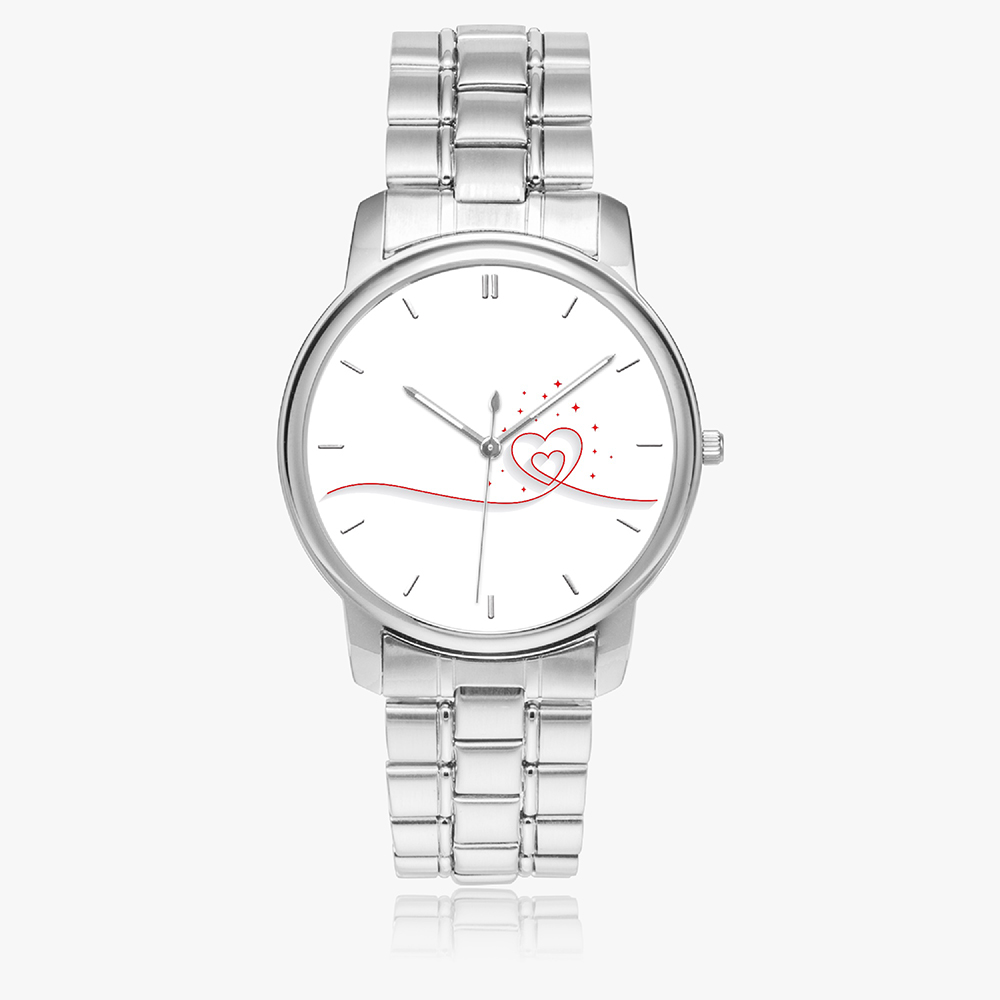 A silver stainless steel quartz watch