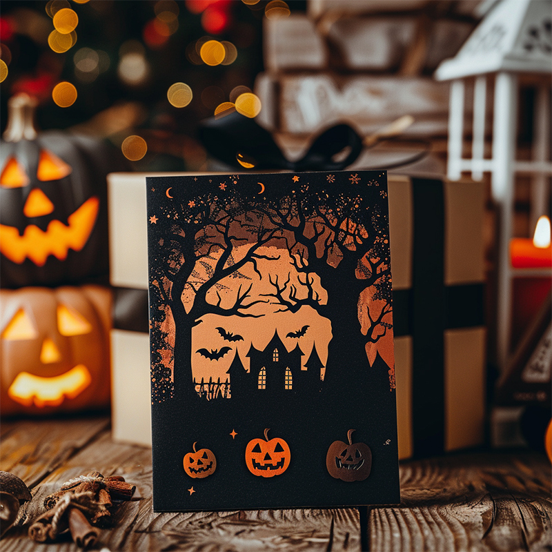 A Halloween greeting card is placed on the table