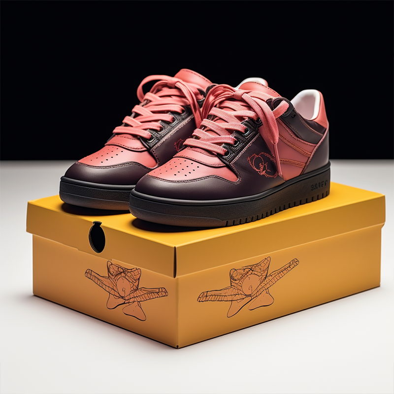 A pair of red sneakers are placed on a custom shoe box