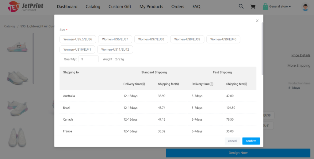 jetprint shipping cost calculation