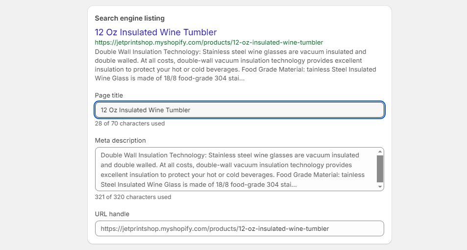 Shopify product meta descriptions